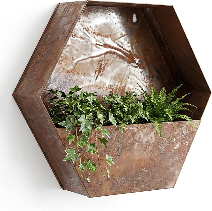 Topadorn Metal Hanging Planter Flower Pot Metal Container Wall Pocket Garden Bucket for Indoor or Outdoor Balcony Patio, Octagon 12"