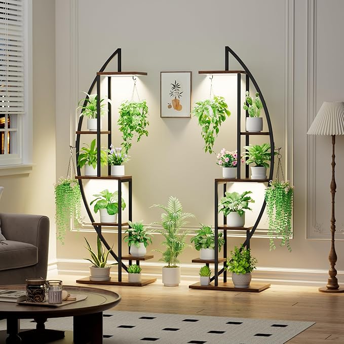 BACEKOLL Plant Stand Indoor with Grow Lights, 6 Tiered Tall Plant Shelf, 63" Metal Plant Stand for Indoor Plants Multiple, Half-Moon Plant Rack Display Shelf, 2 Pcs Plant Holder for Living Room, Patio