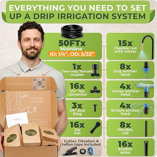 CARPATHEN 50FT 1/4" Drip Irrigation System - Complete Garden Irrigation Kit with 16pcs 360° Adjustable Atomizing Copper Nozzles - Watering Spray System for Raised Beds, Potted Plants, Greenhouse