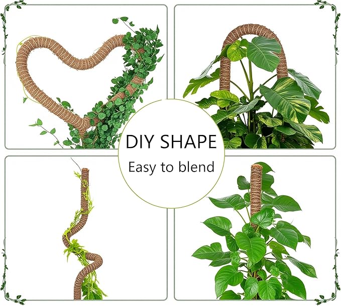 4 Pack Bendable Moss Pole 12 Inch, Monstera Plant Support Stake,Coco Coir Pole Sticks for Indoor Plants,Climbing Potted Plants，Pothos, Philodendron with Plants Ties