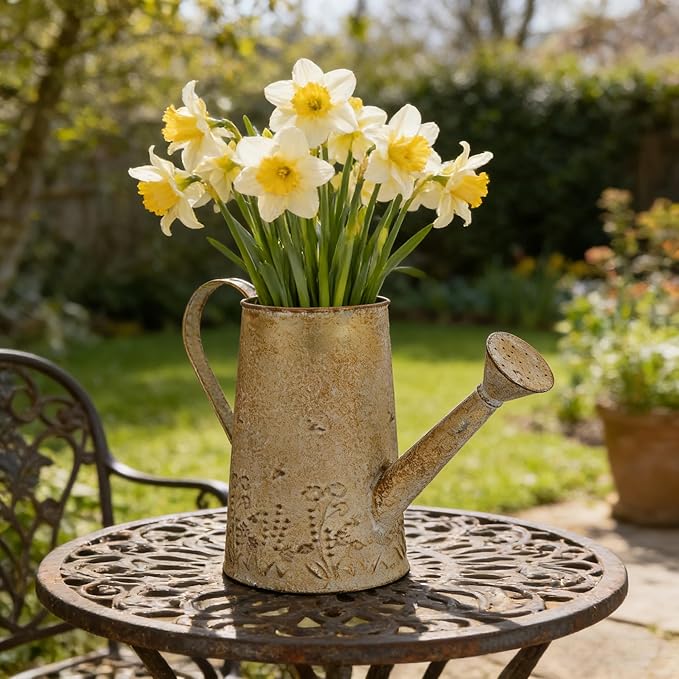 Vintage Distressed Gold Flower & Garden Watering Can, Decorative Metal Watering Pot Planter for Home Patio Backyard Outdoor Plant Care, Rustic Farmhouse Home Decor Accent