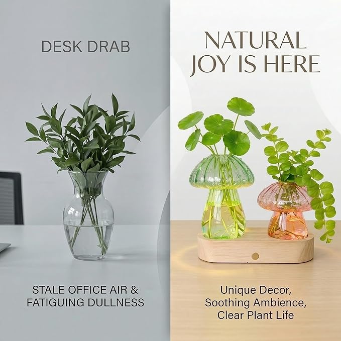 Plant Propagation Station with Light,Mushroom Glass Vases with Stepless Dimming Function for Home Office Decor,Hydroponic Glass Jars Gardening Gifts for Mom Women Plant Lovers