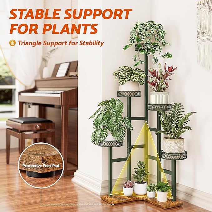 Plant Stand 6 Tier Indoor Metal Wood Flower Shelf for Indoor Outdoor Corner Tall Flower Holders for Garden Balcony Living Room Bedroom