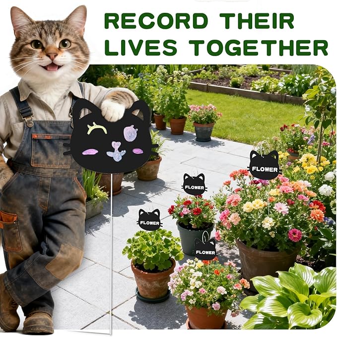 25-Pack Iron Metal Cute Cat's Head Shaped Garden Markers Weatherproof Metal Plant Labels Large Planting Seedling Stake Signs, Seedlings Herbs Vegetable Greenhouse Gifts with White Marker Pen Labels
