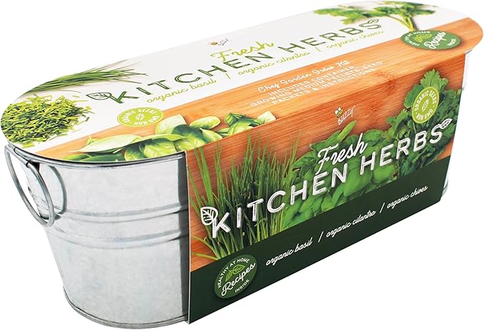 BUZZY Seeds Organic Windowsill Grow Kit, Copper Culinary Herb Garden with Basil, Cilantro and Chives, Indoor Starter Set with Seed Packets and Growing Medium, Holiday Present, Gardening Gift