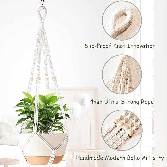 35 Inch Macrame Plant Hanger Indoor with Wood Beads and No Tassels,Strong Hanging Planter Flower Pot Holder for Indoor Outdoor Boho Home Decor,Set of 2,Ivory(Pots Not Included)