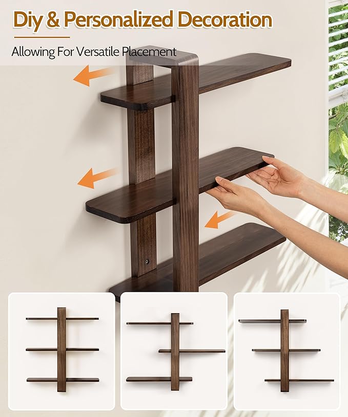 SUMGAR Floating Shelves for Wall Walnut Mounted Shelf Unit for Living Room Bedroom Bathroom Mid Century Modern Decorative Storage Plant Photo Display Home Decor 3 Tier Large 20in All Pine