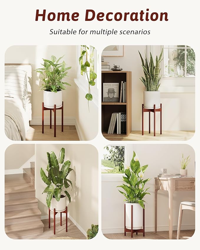 GENTINGBRO Adjustable Plant Stand Indoor, Bamboo Plant Stand Fits 8 9 10 11 12 Inches, Small Corner Planter Holder for Indoor Plants, Single Floor Plant Stands for Living Room Balcony, Reddish Brown Tall