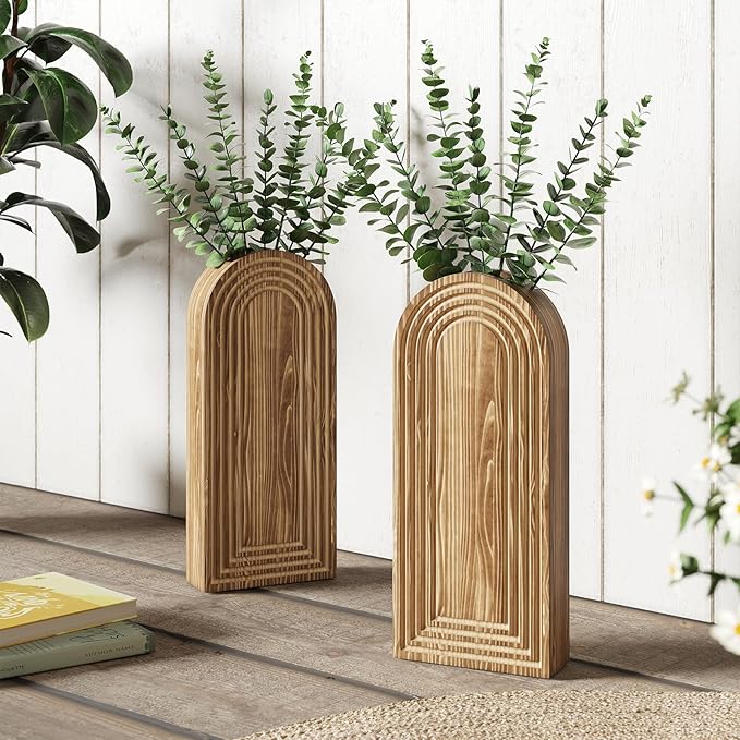 2 Pack Wooden Wall Vase with 14 Fake Eucalyptus for Modern Farmhouse Decor, Boho Art Wall Decor, Wall Planters for Indoor Plants for Bathroom, Kitchen, Bedroom, Dining/Living Room, Wall Plant Holder