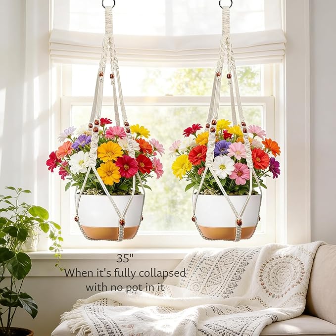 Macrame Plant Hanger Indoor Hanging Holder Window Plant Hanger Wall Outdoor Large Long Boho Home Decor Ceiling Basket Plants Hangers (2pack-Ivory)