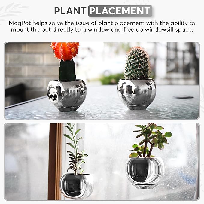 Magnetic Plant Pot - Unique Window Planter for Herbs, Succulents, Indoor & Outdoor Greenery - Self-Adhesive Magnet Attachment, Drainage Holes, Detachable Reservoir - Silver