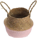 Luxshiny Woven Seagrass Planting Basket with Handles, Decorative Foldable Rattan Planter Pot for Indoor Flower Gardening, 27cm Diameter Pink Boho Storage Basket for Living Room Decor