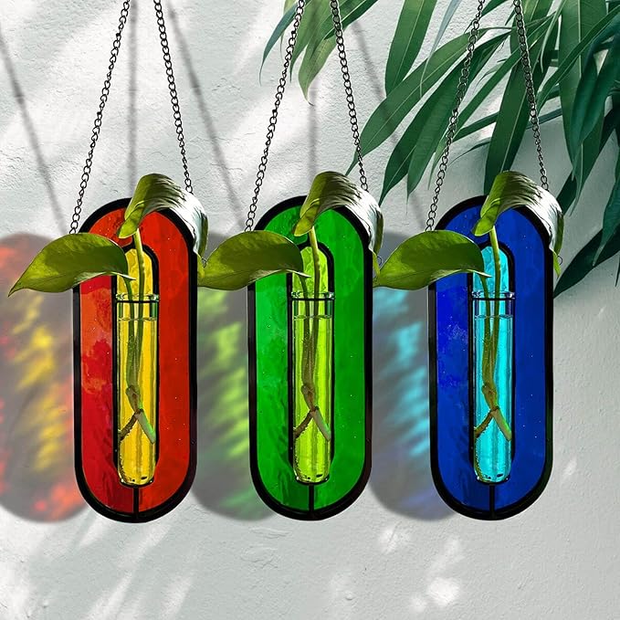 LITMIND Transparent Blue Stained Glass Propagation Station - Handcrafted Suncatcher Hanging Planter with 2 Glass Tubes, Multi-Color Hydroponic Wall Décor for Windows, Home & Garden
