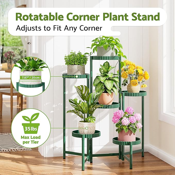 6 Tier Large Plant Stand Indoor, 7.9 Inch Wide Tall Corner Metal Plant Stands Outdoor for Multiple Plants, Folding Tiered Flower Display Holder Rack Shelf for Living Room Patio Porch Balcony - GreenFloroma