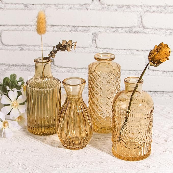 TBWIND Gold Amber Glass Bud Vases Set of 12, Small Vases for Flowers, Champagne Mini Vintage Vases for Centerpieces,Bud Vase in Bulk for Wedding Decor,Single Flowers,Office and Home Table Flower Décor