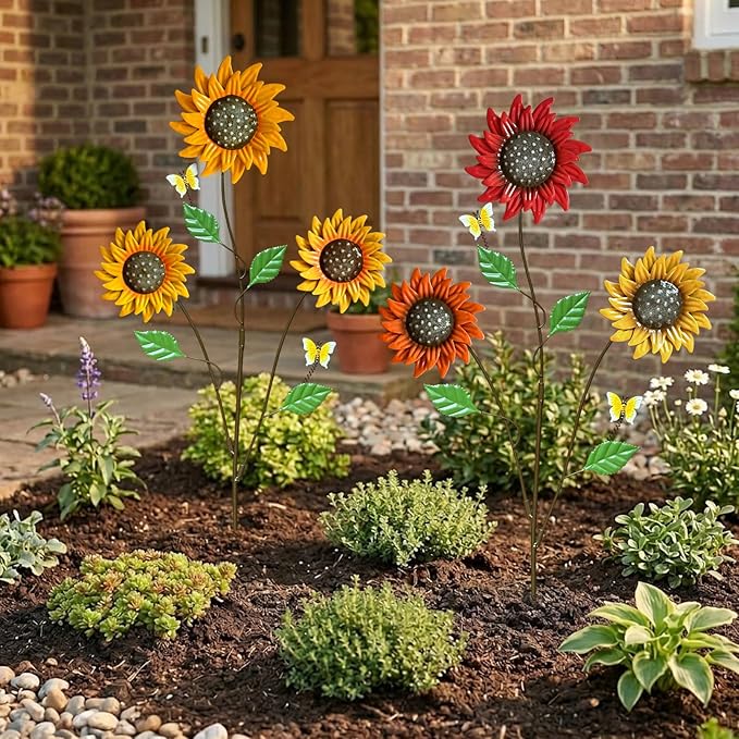 Metal Flowers for Outside, 30-Inch Iron Sunflower Garden Stakes Set of 2, Colorful Metal Yard Art for Outdoor and Garden, Decorative Garden Stakes for Patio & Lawn Decor