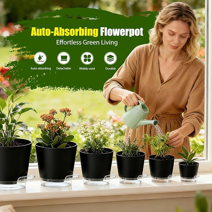 Plant Pots 4/5/5.5/6/6.5/7/8 Inch Self Watering Pots, 7 Pack Plastic Planters with Drainage Holes and Clear Saucers,Plastic Flower Pots,Nursery Planting Pot for Indoor Out Door Plants(Black)