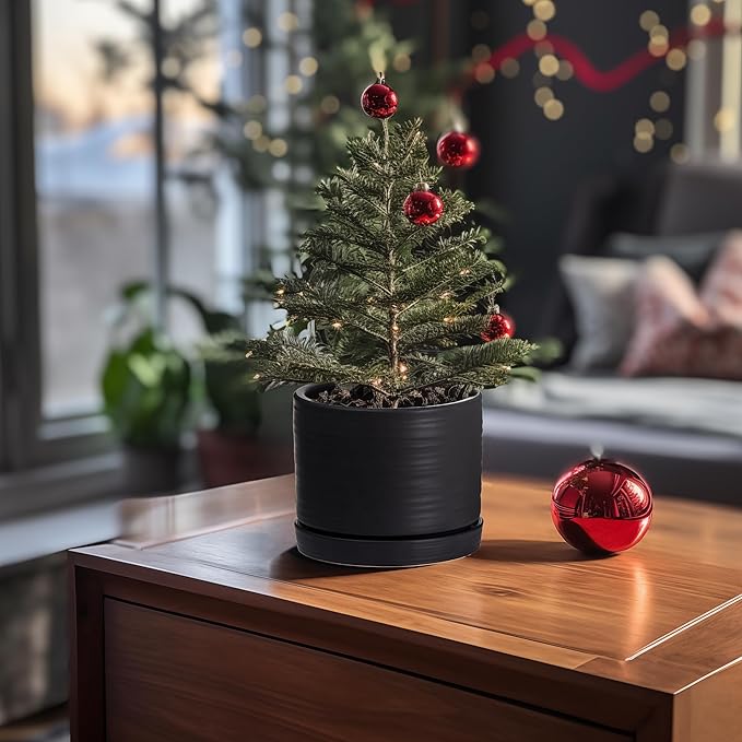 HERDUK 8 Inch Pots for Plants, Ceramic Planter Pot with Drainage Hole & Saucer, Indoor/Outdoor Cylinder Round Planter Pot, Matte Black