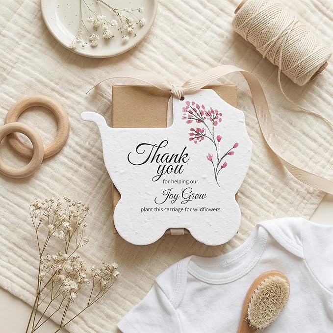 24pcs Pink Carriage-Shaped Gift Tags with Wildflower Seeds - Writable Gift Wrap Tags for Baby Showers, Mother's Day Present, Party Favors, DIY Crafts, & Earth Day Decorations
