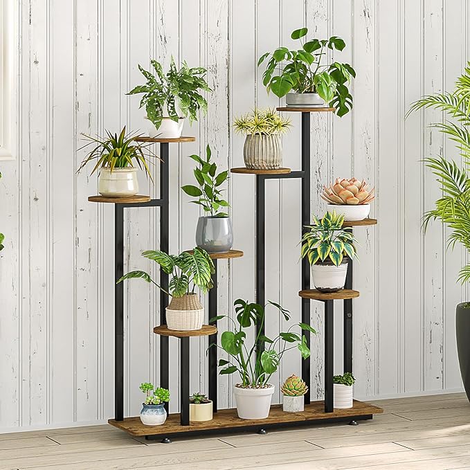 INGIORDAR Plant Stand Indoor Outdoor Corner Plant Shelf for Multiple Flower Pots Flower Stand Holder for Patio Garden Balcony Living Room (Black+Rustic Brown, 9 Tier)