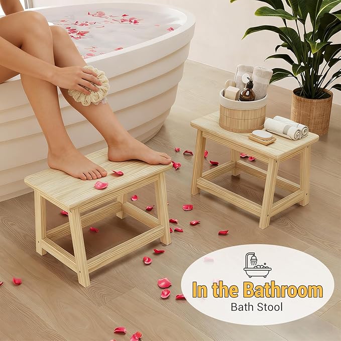 Wooden Step Stool, Foot Stool, Shoe Bench, Small Side End Table, Small Sofa Foot Stool for Bathroom Living Room Bedroom Kitchen Entryway Modern Sturdy 16.5x11x11.8inchs (Natural)