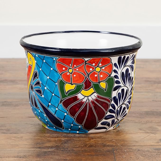 Nearly Natural Handcrafted Talavera Ceramic Planter - 9in x 12.5in, Vibrant Hand-Painted Mexican Design, Suitable for Faux and Live Plants with Drainage Hole, Colorful Home Decor, Not Food Safe