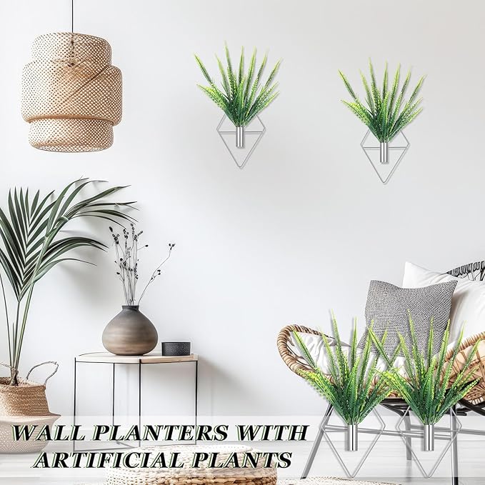 Canlierr 2 Pieces Wall Decor Hanging Planters with Artificial Plants Metal Hanging Vase Indoor Plants Holder Modern Boho Wall Art for Bathroom Bedroom Living Room Decor(Silver,Boston Fern)