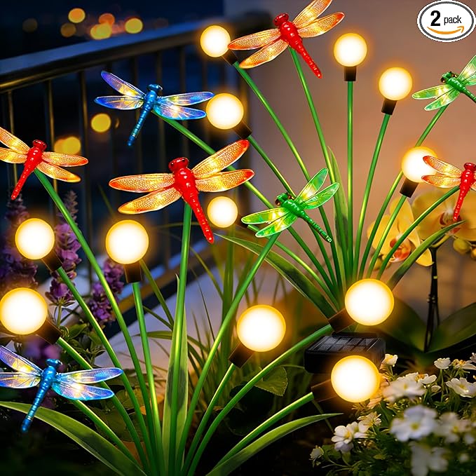 2 Pack Dragonfly Decorative Garden Stakes, 8Pcs 3D Dragonfly Decorations with Solar Firefly Lights Realistic Waterproof Dragonflies Solar Lights Outdoor for Yard Art Patio Plant Pot Flower Bed Lawn