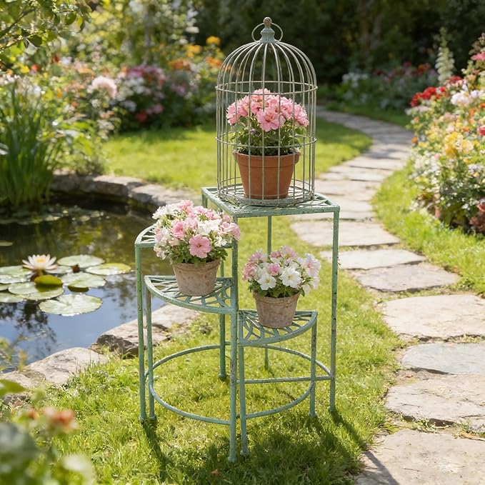 Vintage 4-Tier Metal Plant Stand for Indoor Outdoor Rustic Foldable Fan Shape Corner Plant Rack Distressed Green Flower Pot Holder Shelves for Patio Porch Garden Balcony Living Room (Green)