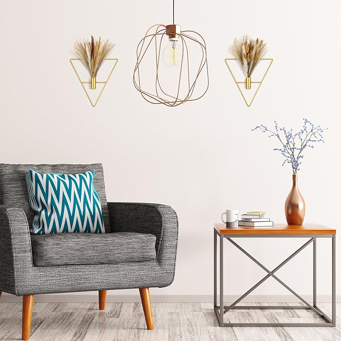 Peryiter 2 Pcs Gold Wall Decor Boho Pampas Hanging Planters with Artificial Pampas Wall Mounted Metal Modern Home Decor Display Art Bedroom Bathroom Living Room(Triangle)