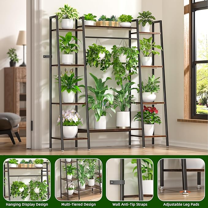 BACEKOLL Plant Stand Indoor with Grow Lights, 6 Tiered Metal Plant Shelf, 55" Large Plant Stand for Indoor Plants Multiple, Corner Plant Holder Display Shelf, Tall Plant Rack for Living Room, Patio