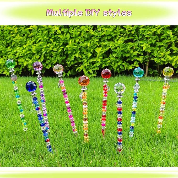 72Pcs Fairy Wand Beaded Garden Stakes Kit, Decorative Garden Stakes Beadable Items Fairy Garden Kit for Different Festivals Fairy Garden Accessories Outdoor, Ball-(Orange+Blue+Whit)