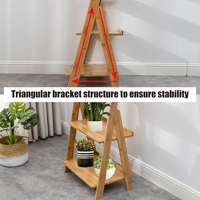 Maydear Bamboo Ladder Shelf Bookcase, 5-Tier Leaning Bookshelf Free Standing Organizer Storage Shelves for Living Room, Bedroom, Kitchen, Home Office, Balcony, Natural Wood | Bookcase, Living Room, Bedroom, Kitchen, Home Office