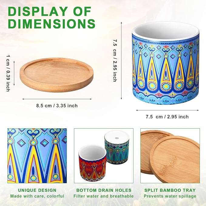 Zopeal 12 Pcs Mandala Ceramic Succulent Pots with Bamboo Trays, Colorful Boho Spring Decor Planters, Small Cactus Plant Pots for Desk Shelf Windowsill, Fiesta Home Decor