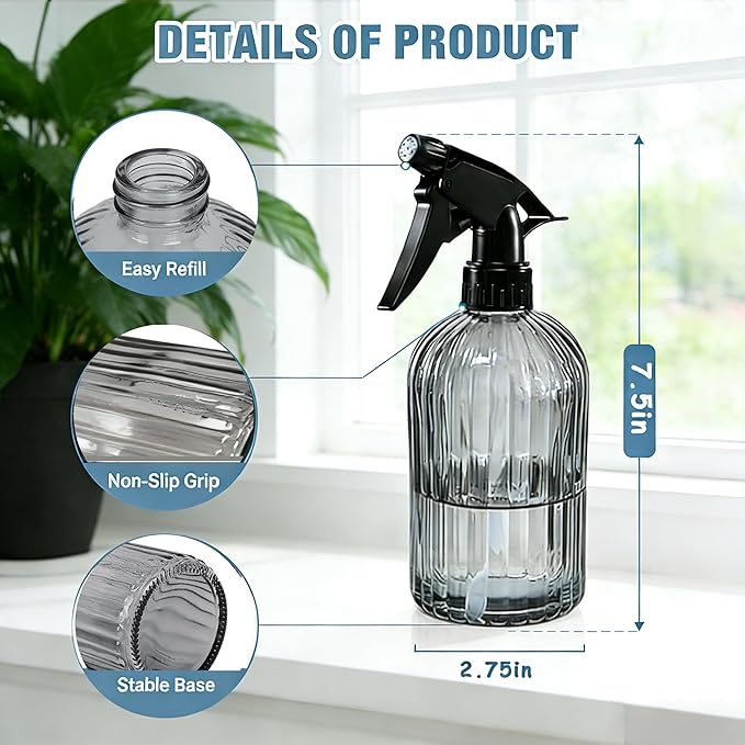 Glass Handheld Spray Bottle, 13.5oz Refillable Plant Mister Bottle 2 Pack, Water Spray Bottle with Adjustable Mist Nozzle for Outdoor Gardening, Indoor Flowers, Cleaning, Hair & Pets Care (Grey)