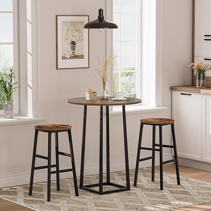 MAHANCRIS Bar Stools, Set of 2 Round Bar Chairs with Footrest, 24.4 Inch Kitchen Breakfast Bar Stools, Industrial Bar Stools, Easy Assembly, for Dining Room, Kitchen, Rustic Brown BAHR0201Z