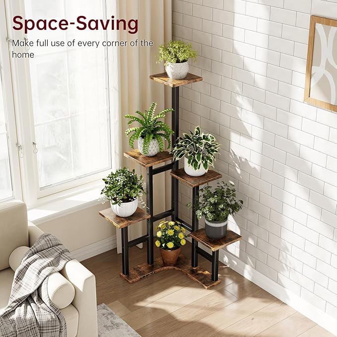 Yzosvki Corner Plant Stand Indoor, 6 Tiered Corner Plant Shelf Flower Stand for Multiple Plants, Plant Shelves Organizer Rack for Living Room, Balcony, Patio, Garden, Square Rustic Brown