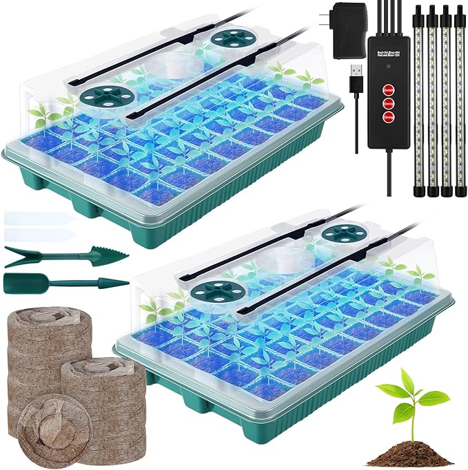 FillTouch 2 Packs 80 Cells Seed Starter Trays Kit with 4 Grow Light Seed Starter Kit Seedling Starter Trays with Humidity Dome and 80 Pcs Peat Pellet for Garden Seeds Propagation Seedlings