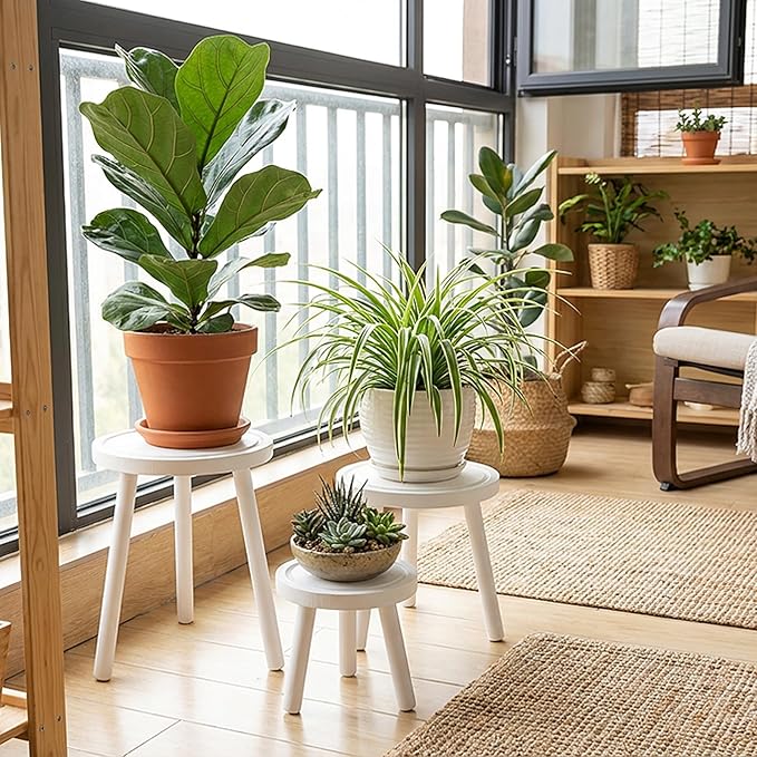 Amdermi 3-Pack Wood Plant Stands Indoor, Single Plant Stand for 6-12 Inch Pots, Mid-Century Modern Plant Stool, Tall Plant Stand for Large Plants for Living Room, Balcony, Office (White)