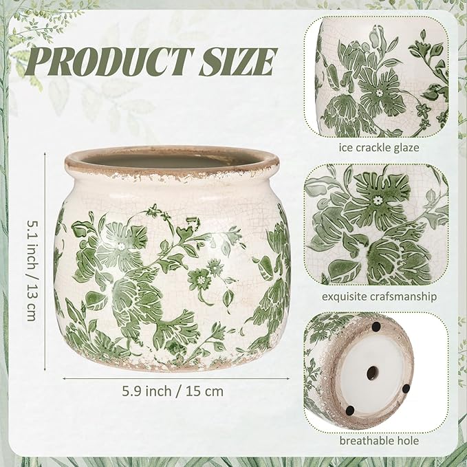Vintage Planter Large Ceramic Plants Pot Beige Green Vintage Floral Ice Crack Cottage Scroll Vase Flower Vase Pot Indoor Plants Home Kitchen Decor Farmhouse Antique Decorative Gifts