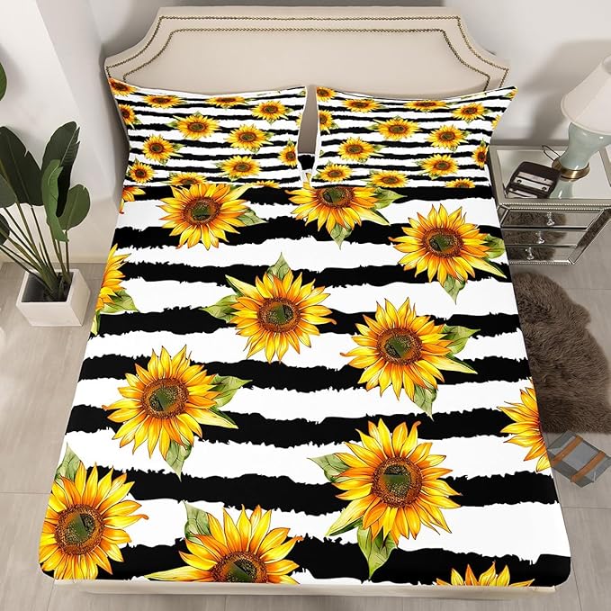 Sunflower Sheet Set Twin Size For Girls Cute Floral Decor Bedding Set Women Teens Ultra Soft Black White Stripe Flowers Kid's Bed Sheets with Deep Pocket, 1 Flat Sheet, 1 Fitted Sheet, 1 Pillowcases