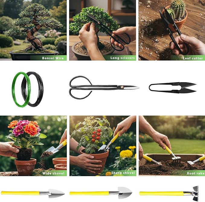 Bonsai Tools Set 7Pcs, MOSFiATA Bonsai Tree Tools Kit Succulent Trimming Tools Include Scissors, Cutters, Rake, Round and Pointed Shovel &Training Wire for Bonsai Beginner Gardening Gifts