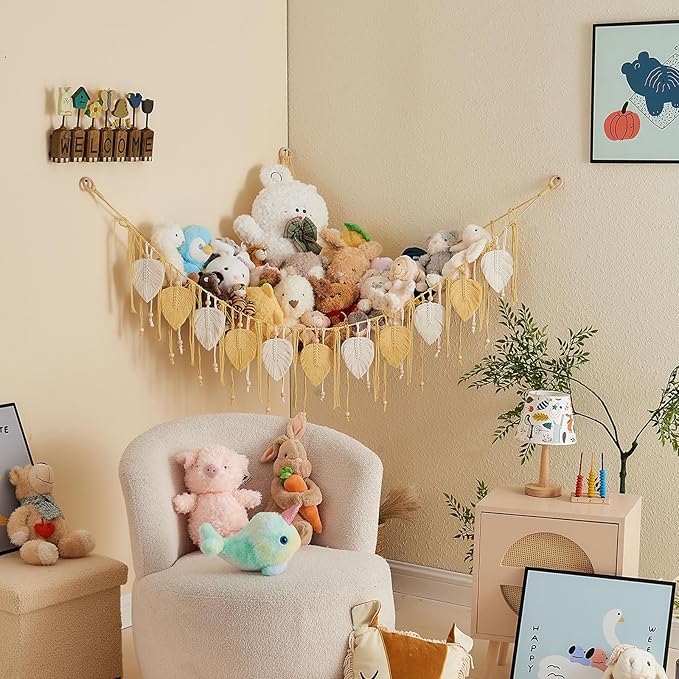 Pretty Jolly Macrame Stuffed Animal Hammock with Beads Hand Woven Leaf Tassels Corner Hanging Net Boho Plush Holder for Kid Room Nursery Decor Easy Install Organizer for Girls Gift(Yellow)