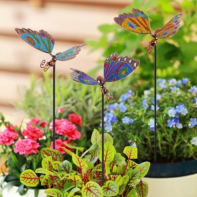 3 Pcs Butterfly Garden Stakes, 29" H Decorative Garden Stakes, Metal Yard Art for Outdoor Spring Lawn Patio Pathway Decor