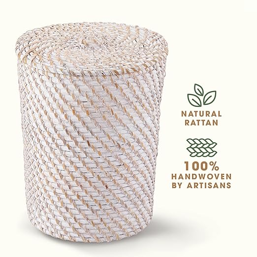 84ECO White Wicker Trash Can with Lid and Liner - Rattan Trash Can