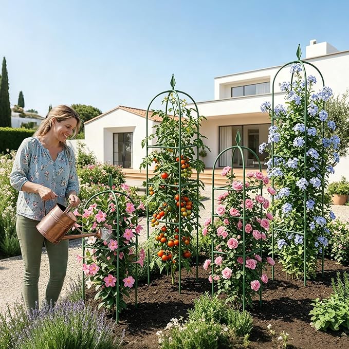 2 Pack Garden Obelisk Trellis for Climbing Plants, 6 FT Metal Rustproof Plant Support Rose Trellis, Tower Potted Cages for Flowers Fruits Vegetable Vines Indoor & Outdoor, Green(4 Tiers)