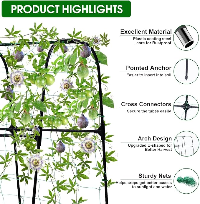 OTOSUNNY Garden Trellis for Climbing Plants Outdoor, Cucumber Trellis for Raised Bed Garden, Arch Trellis Support for Cucumbers Tomatoes Beans Peas, 50x48 inch, Metal Trellis with Netting, Black