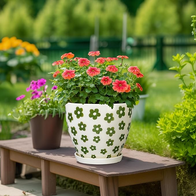 MPotTo Ceramic Flower Pot - 10 Inch Plant Pot Indoor with Drainage Hole and Saucer, Boho Round Ceramic Planter for Indoor Outdoor Plants, Plant Lover Gifts, Home Garden House Decor, White