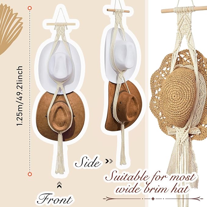 Yulejo Macrame Hat Hangers Boho Hat Rack Cowboy Hat Hanger Back of Door Hat Organizer (White,Two Hats Style)