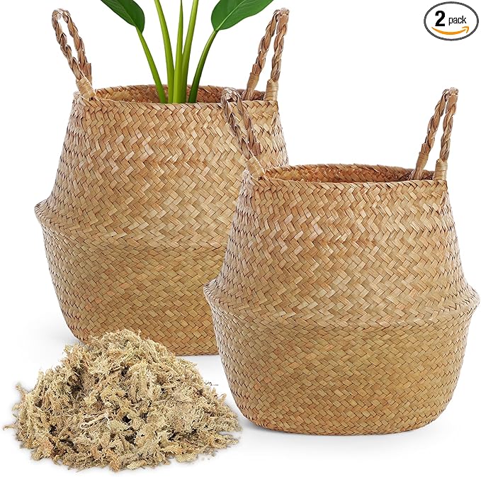 Knitgrip Large Wicker Plant Basket with Handle 10 Inch Woven Seagrass Belly Basket and Artificial Moss for House Plants Picnic Grocery Laundry Storage Home Decor(Large,Original,2 Pack)